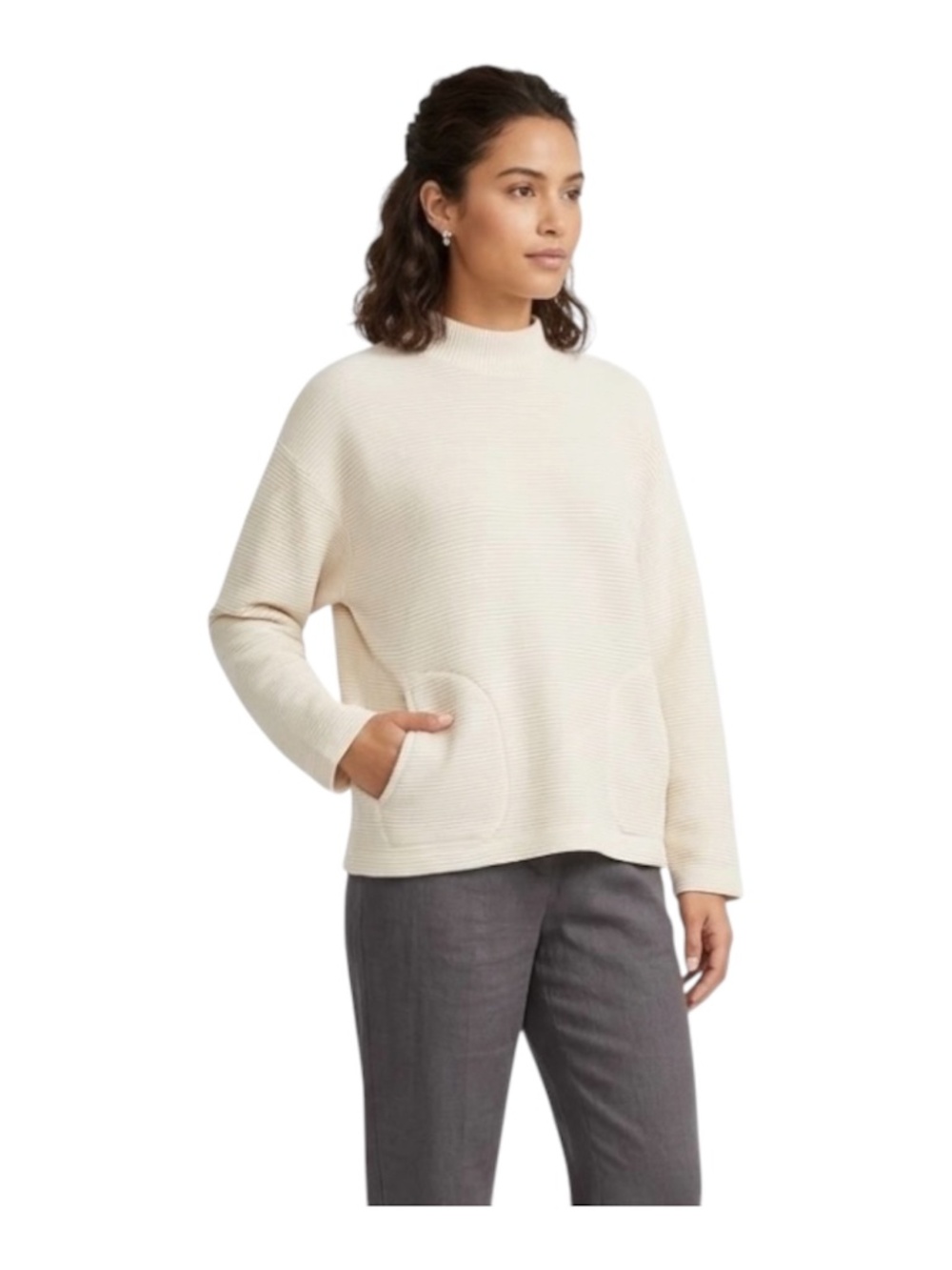 Madewell Ribbed Mock Neck Pullover Sz M Cream Pockets Effortless Relaxed Boho